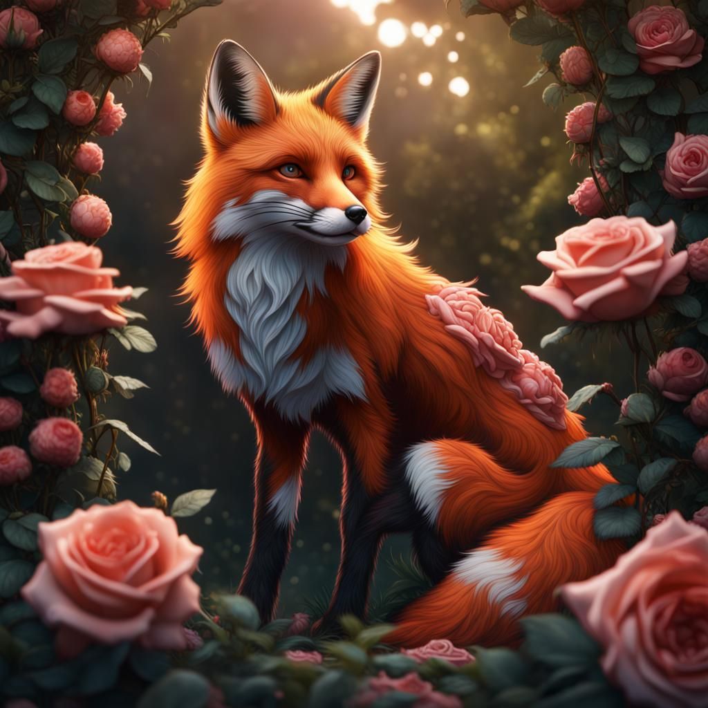 Fox in Rose Bush: Detailed Matte Painting