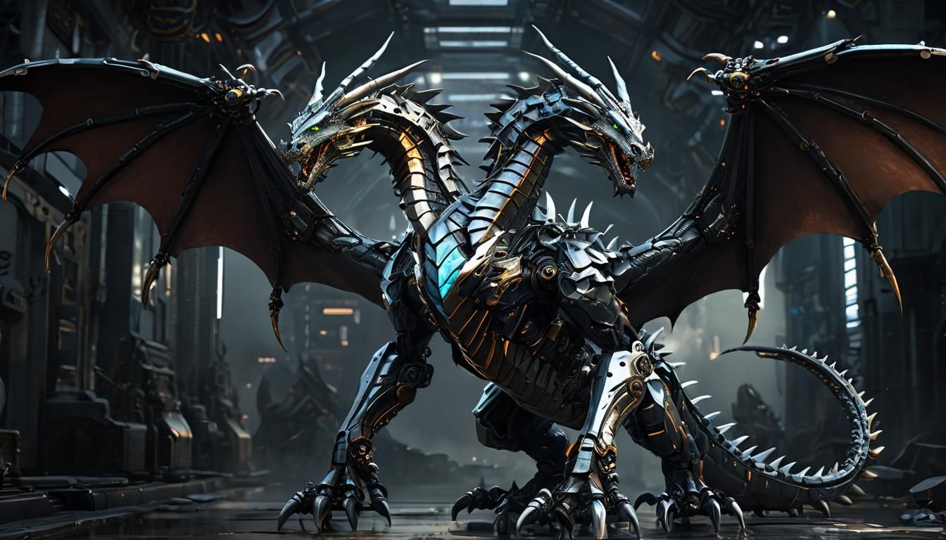 Epic Sci-Fi Mecha Hydra in Polished Metal and Obsidian