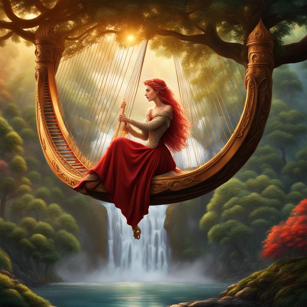 Queen Plays Harp by Waterfalls in Maximalist Style