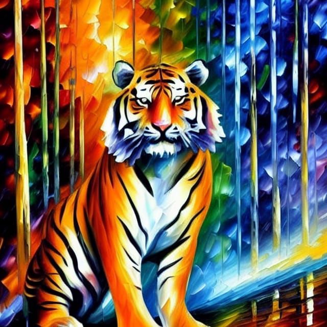 Tiger in Rainy Forest, Afremov-Style Painting