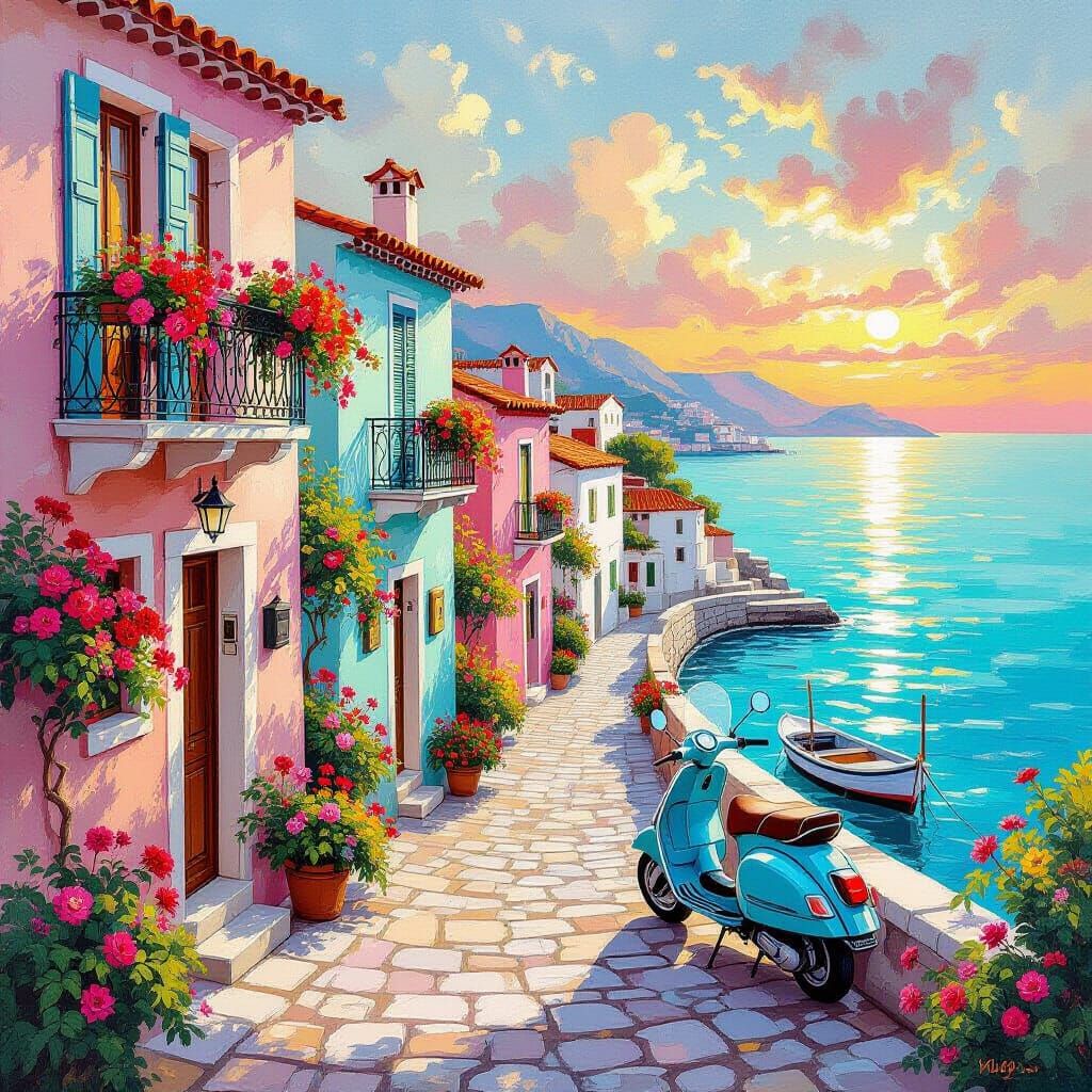 Sorbet Hues Houses by Turquoise Sea, Impressionist Oils