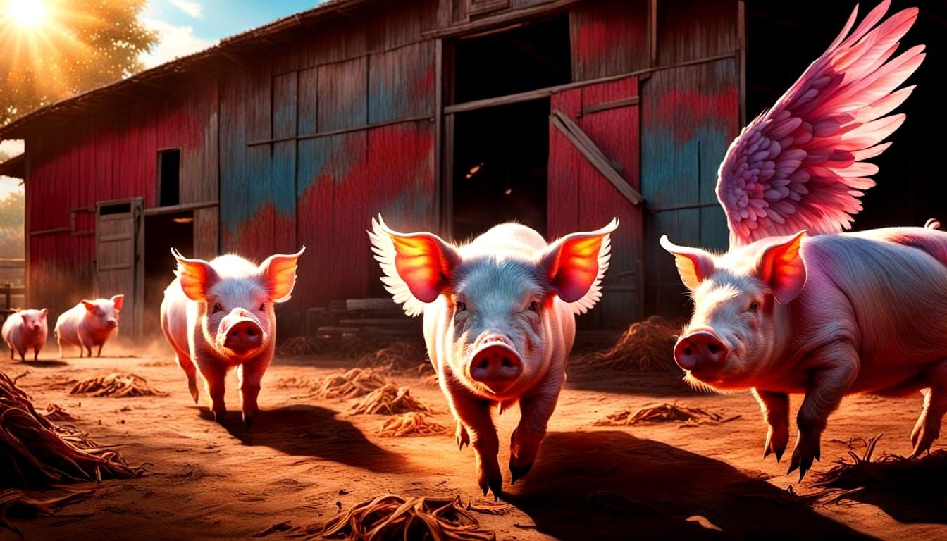 Winged Pigs on Farm in Hyperrealism Style