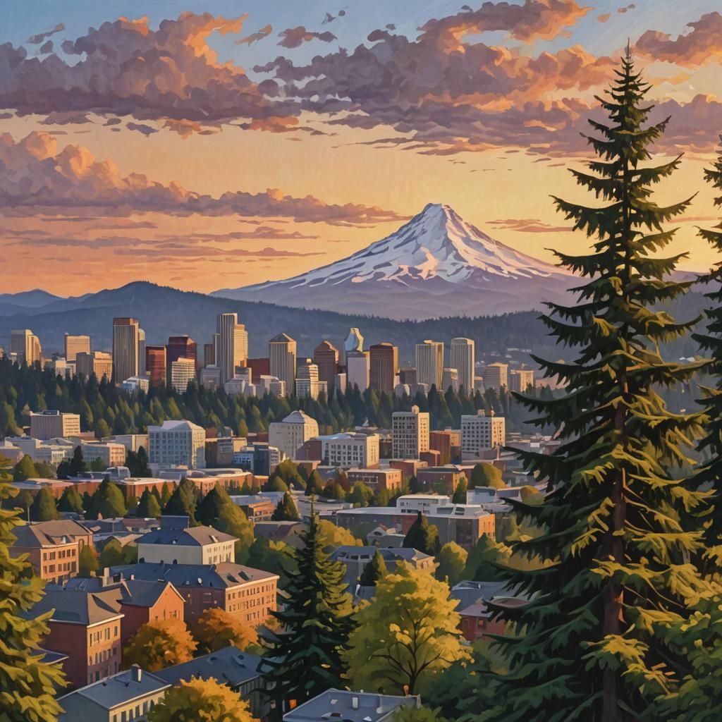 Beautiful portland oregon skyline with Mt hood in the foregr...