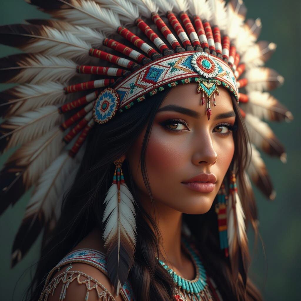 Hyperrealistic Native American Woman in Intricate Headdress