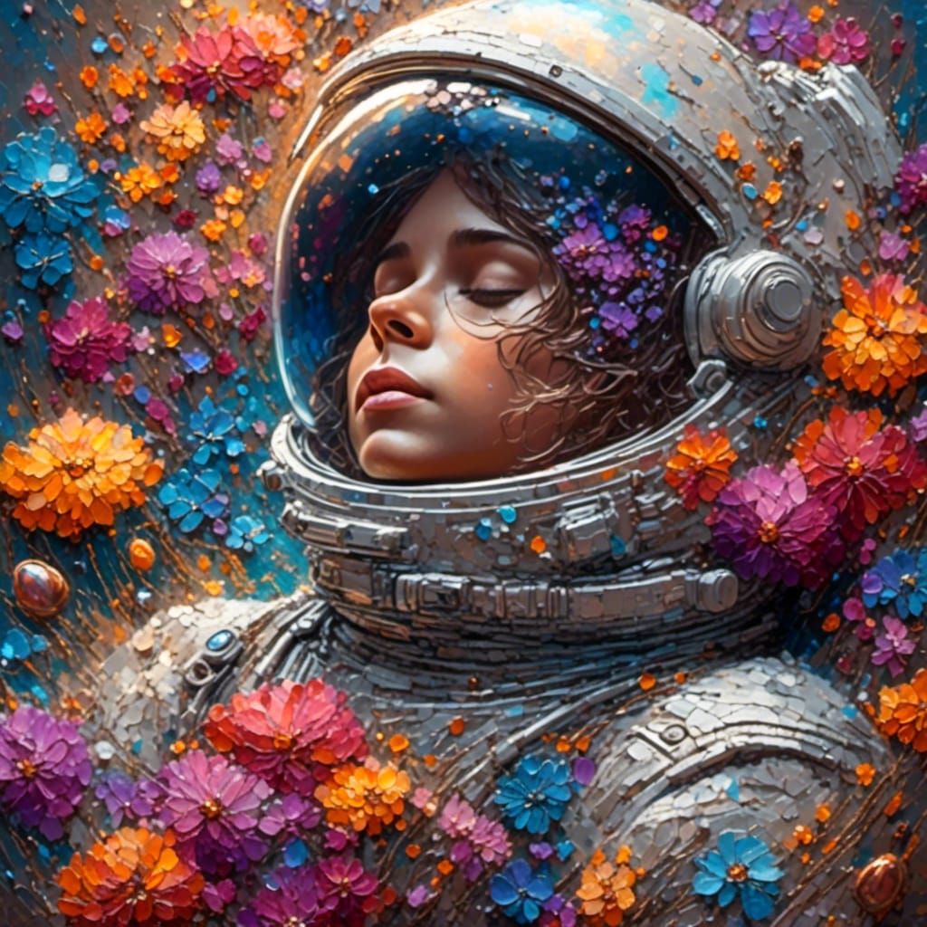 Astronaut in Floral Garden Reflecting the Universe