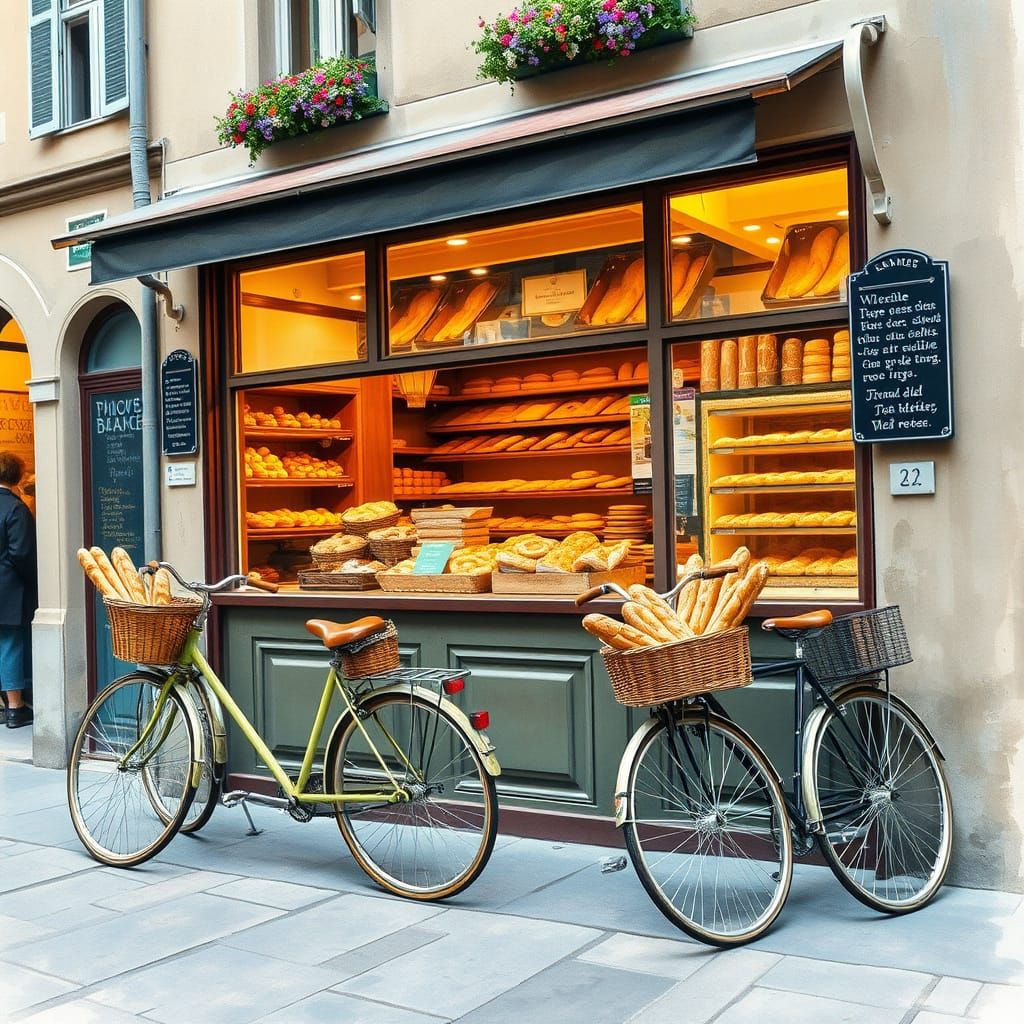 Charming European Bakery in Impressionist Watercolor Style