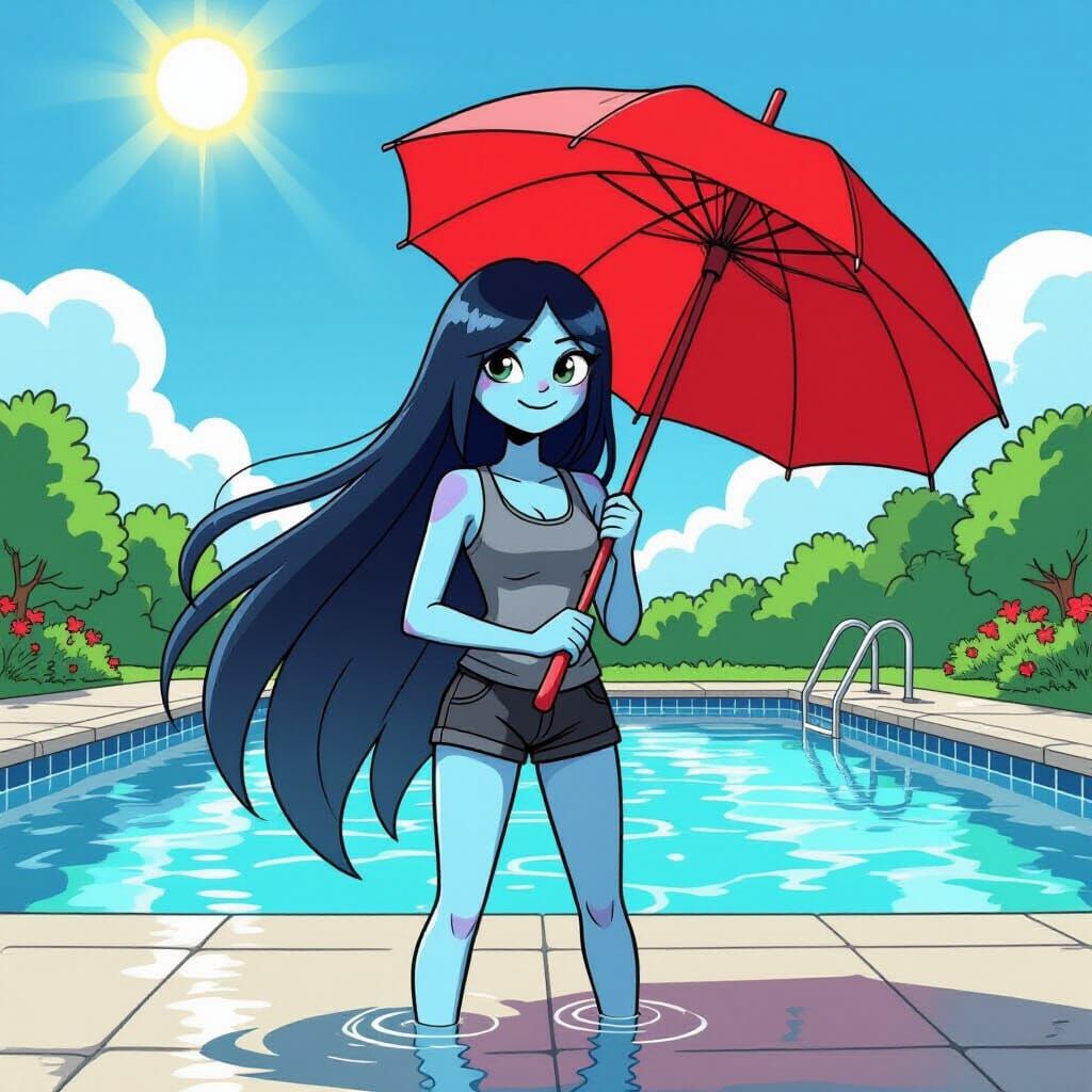 Marceline With Red Umbrella by Sunny Pool