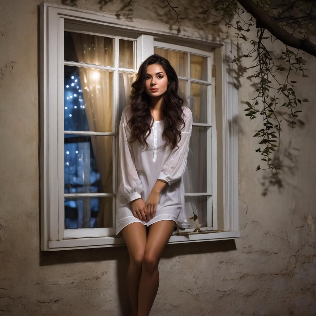 Brunette Girl Gazing Out Window at Night