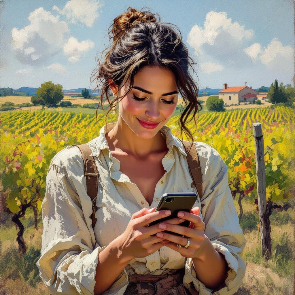 Joyful French Woman in Vineyard: Impressionistic Style