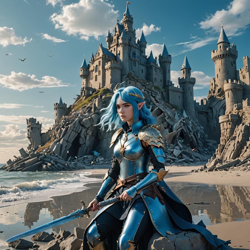 Surreal CGI Diorama with Blue-Haired Girl and Castle
