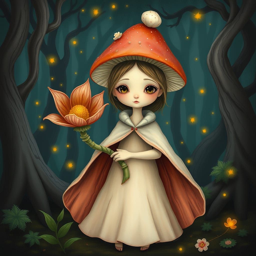 Whimsical Mushroom Girl with Exotic Flower in Mystical Fores...