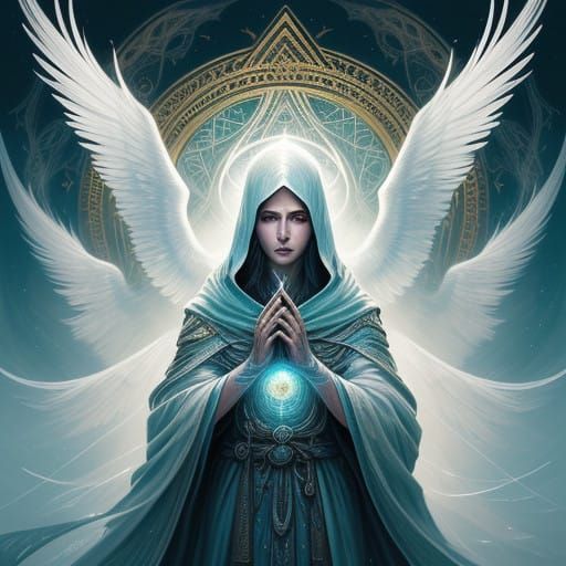 Ancient Celestial Being in Iridescent Clouds