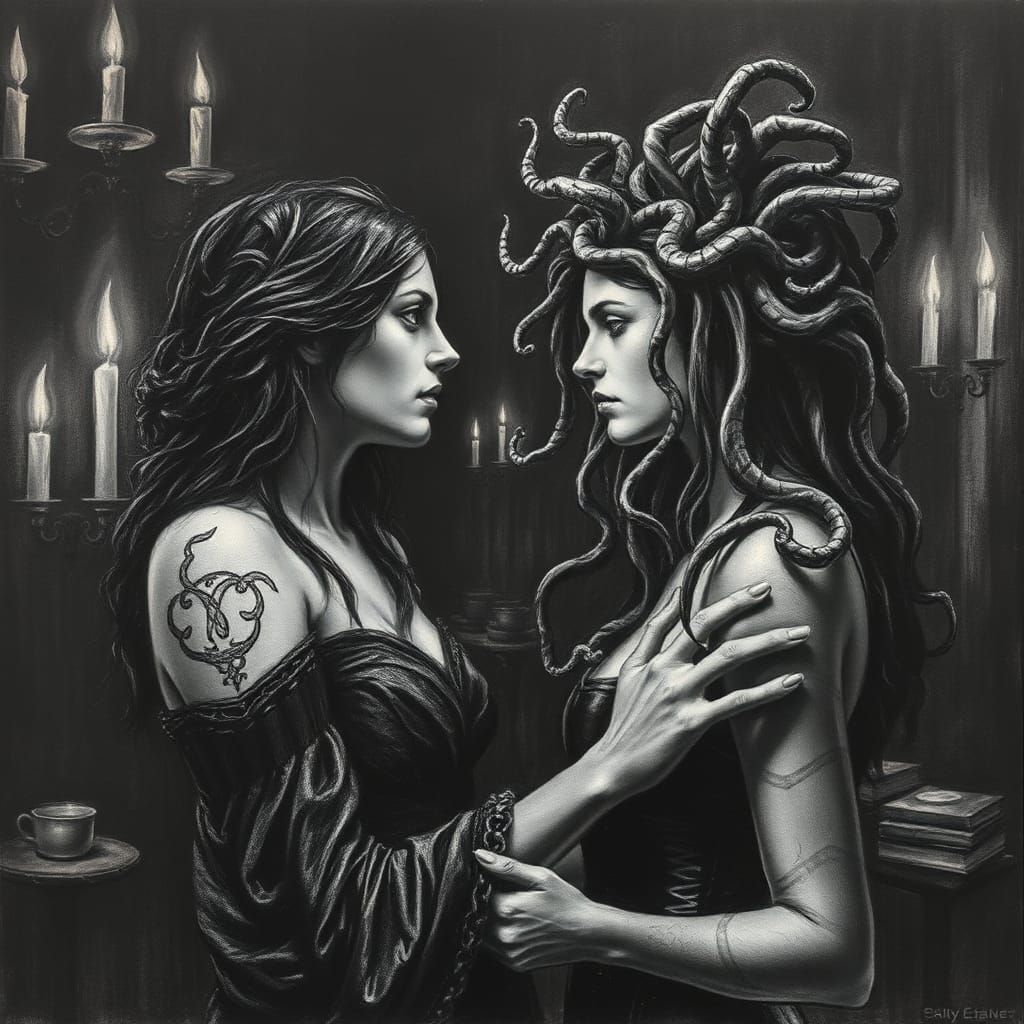 Circe's Forbidden Love for Medusa: A Charcoal Drawing