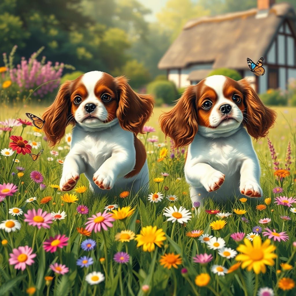 Blenheim Spaniels Frolic in Wildflower Meadow