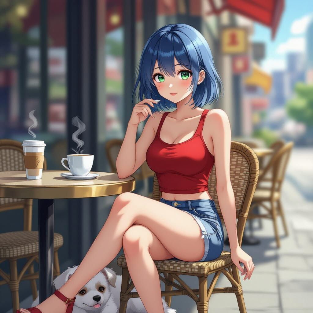 Anime Girl at Cafe with Coffee and Dog