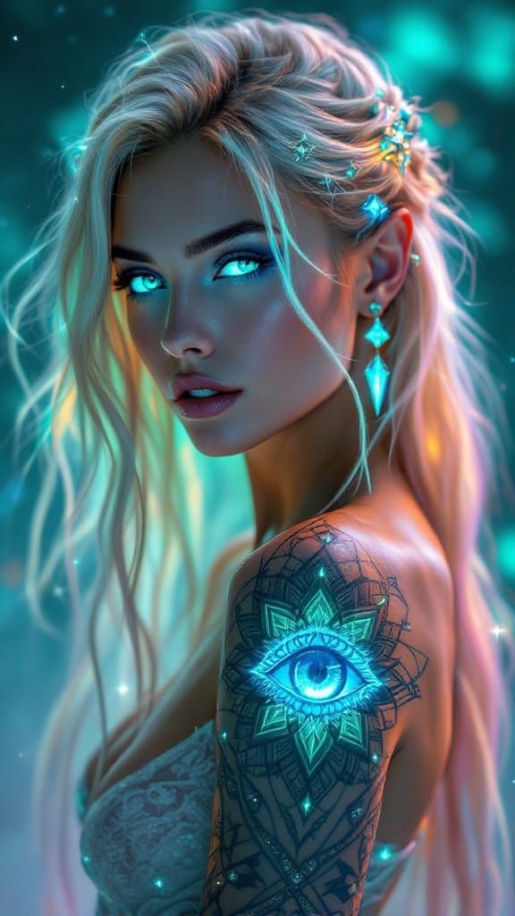 Celestial Guardian with Radiant Hair and Glowing Tattoo