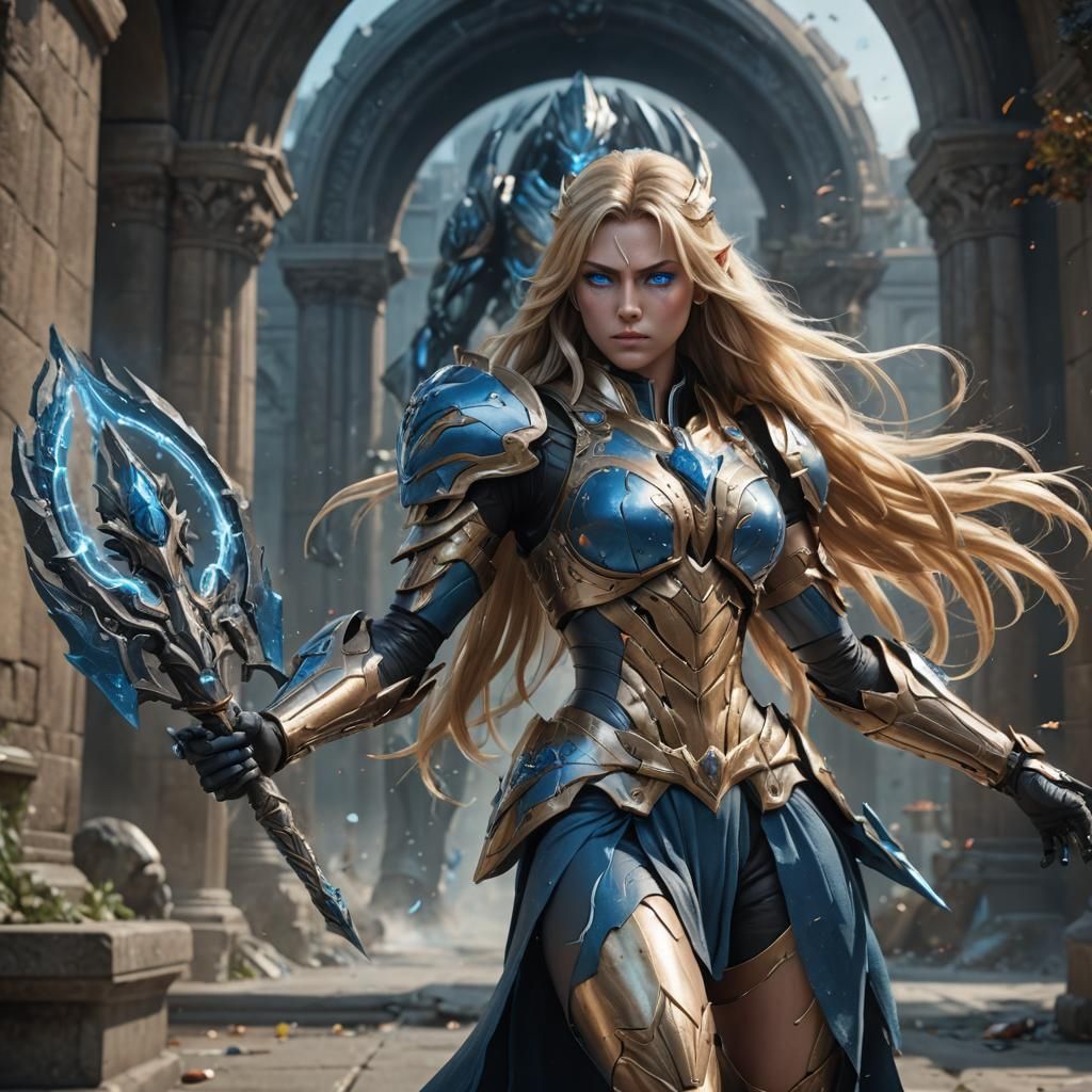 Statuesque Blonde Warrior Wielding Magic