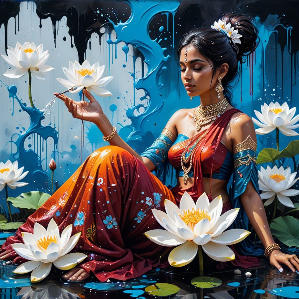 Indian Woman with Lotus in Graffiti Style