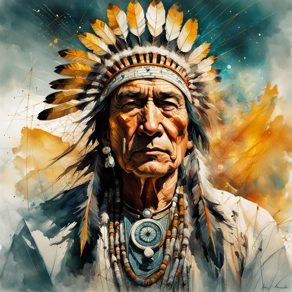 Vibrant Portrait of Chief Joseph in Watercolor Style