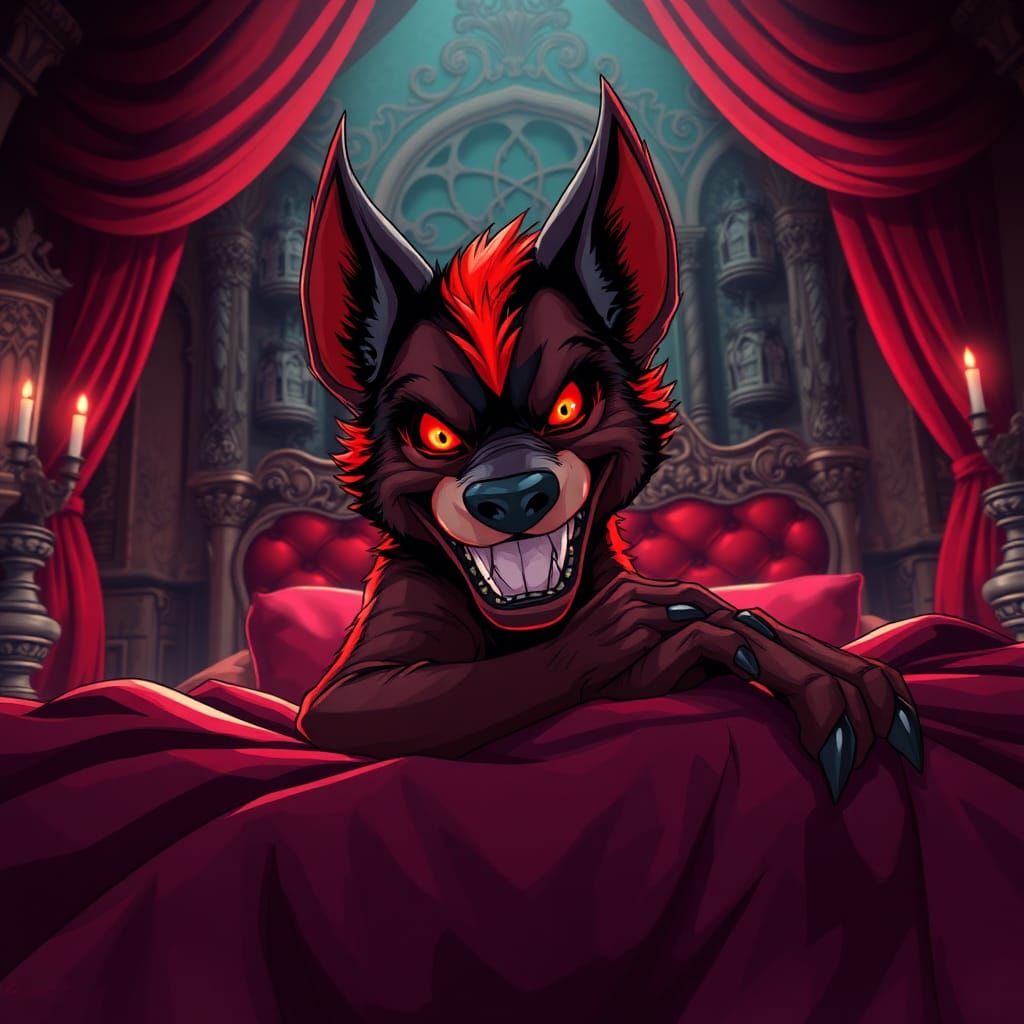 Anime Hellhound Lounges in Gothic Bedroom