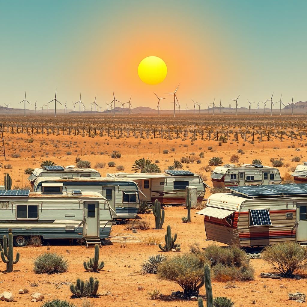 Desert Trailer Park with Wind Farm and Solar Panels in Vibra...