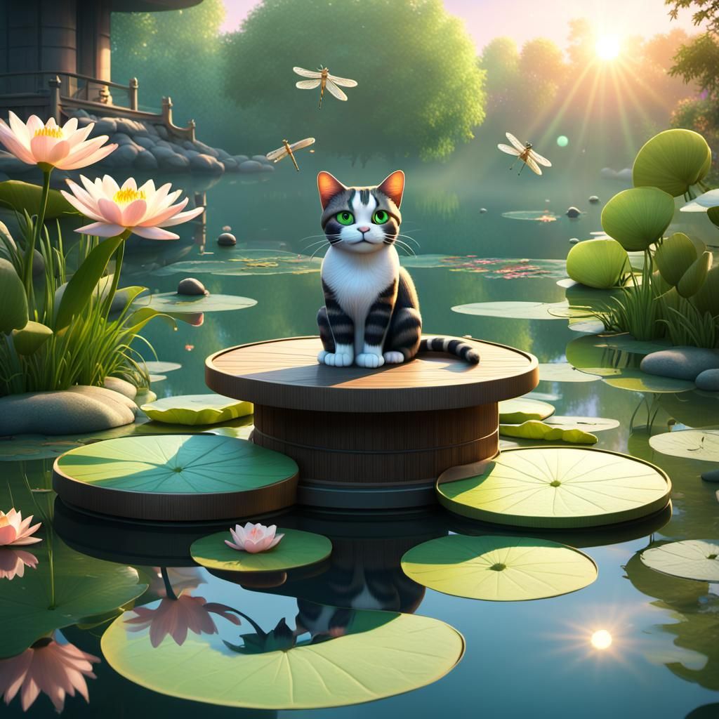 Zen Cat Meditating by Sunrise Pond: 3D Digital Art