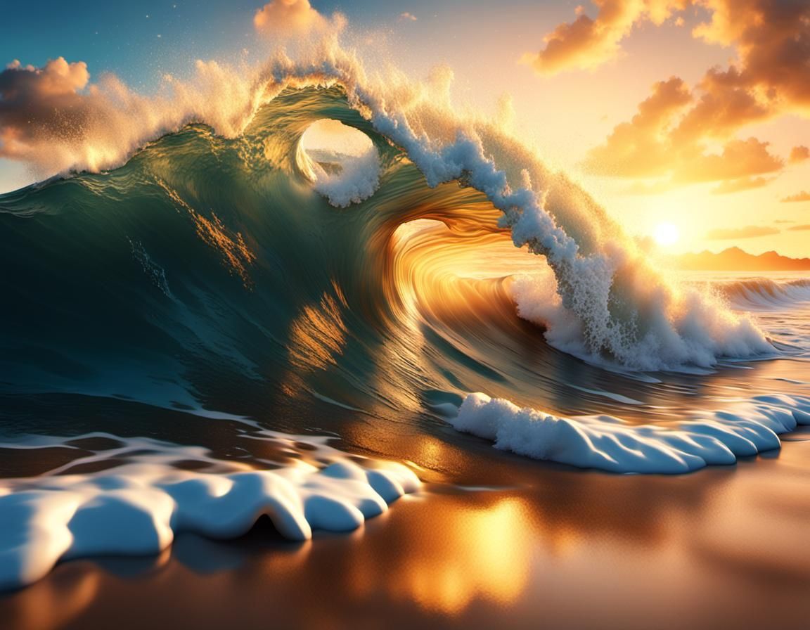 Heart-Shaped Wave Crashing at Sunset: Hyperrealistic Concept...