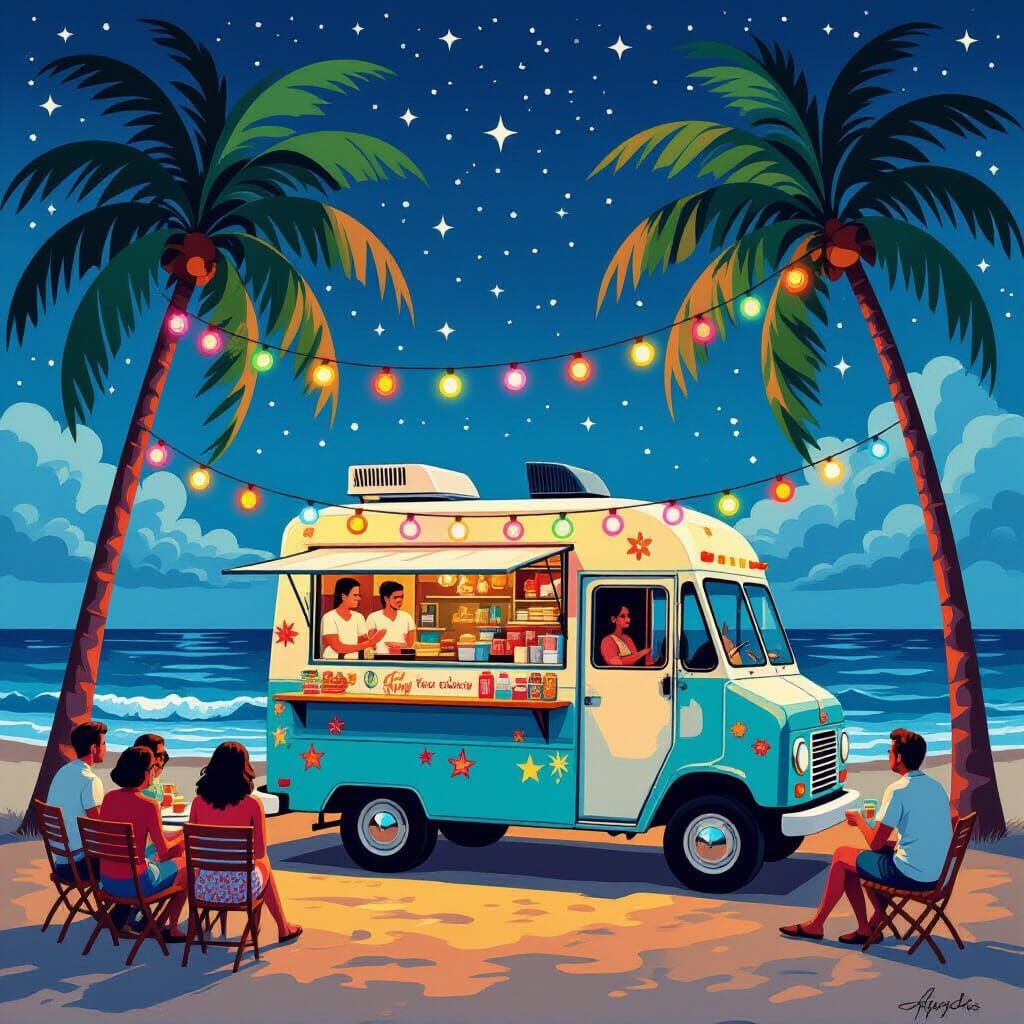 Food Truck Beach Party in Surreal Lowbrow Art Style