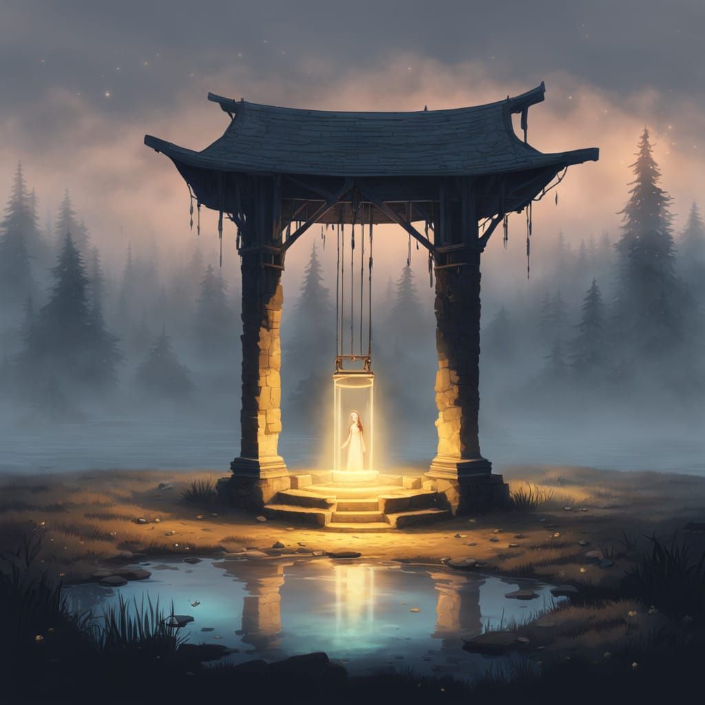 Mysterious Warden Beside Ancient, Glowing Wishing Well in Fo...