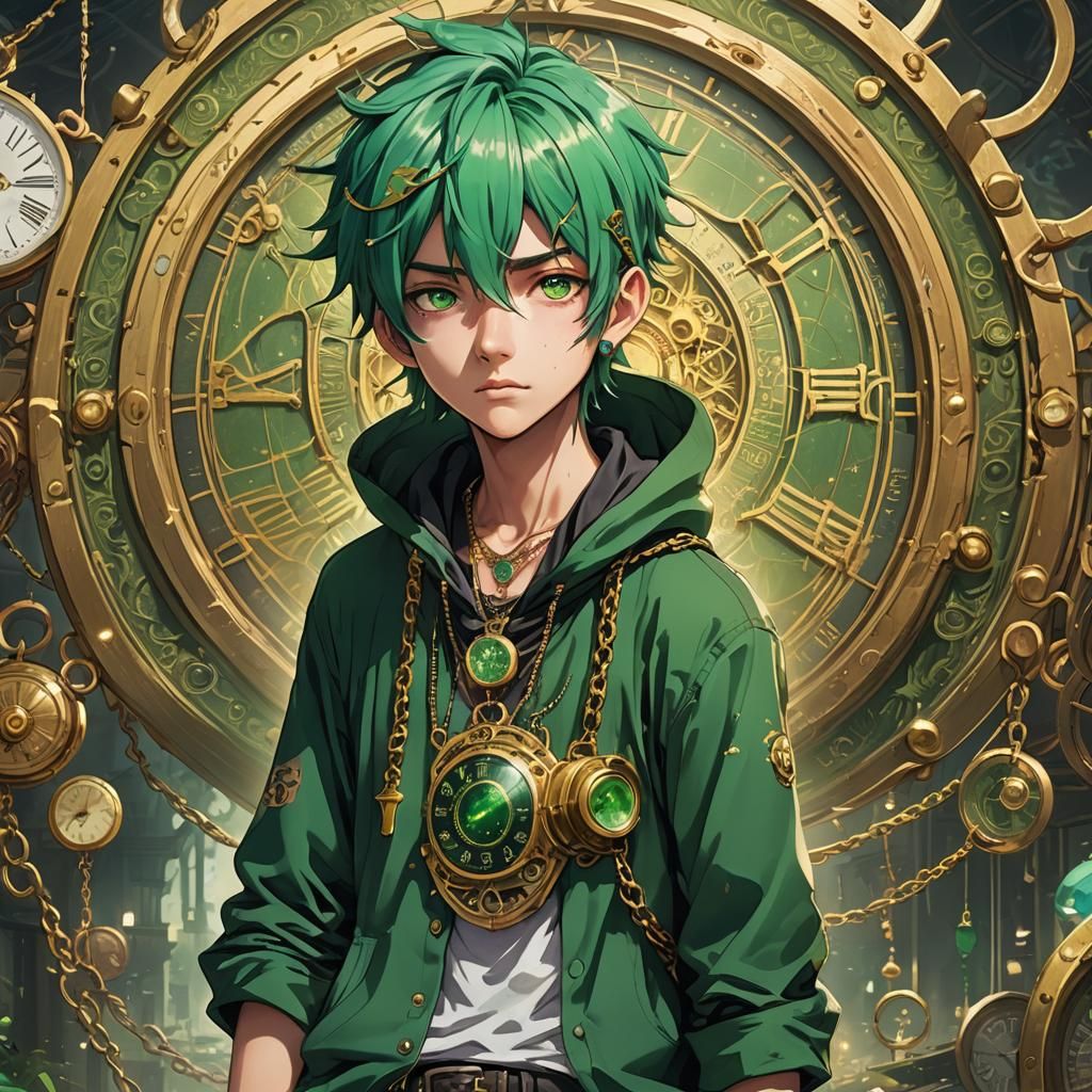 Anime Time Traveler with Green Hair and Gold Chain