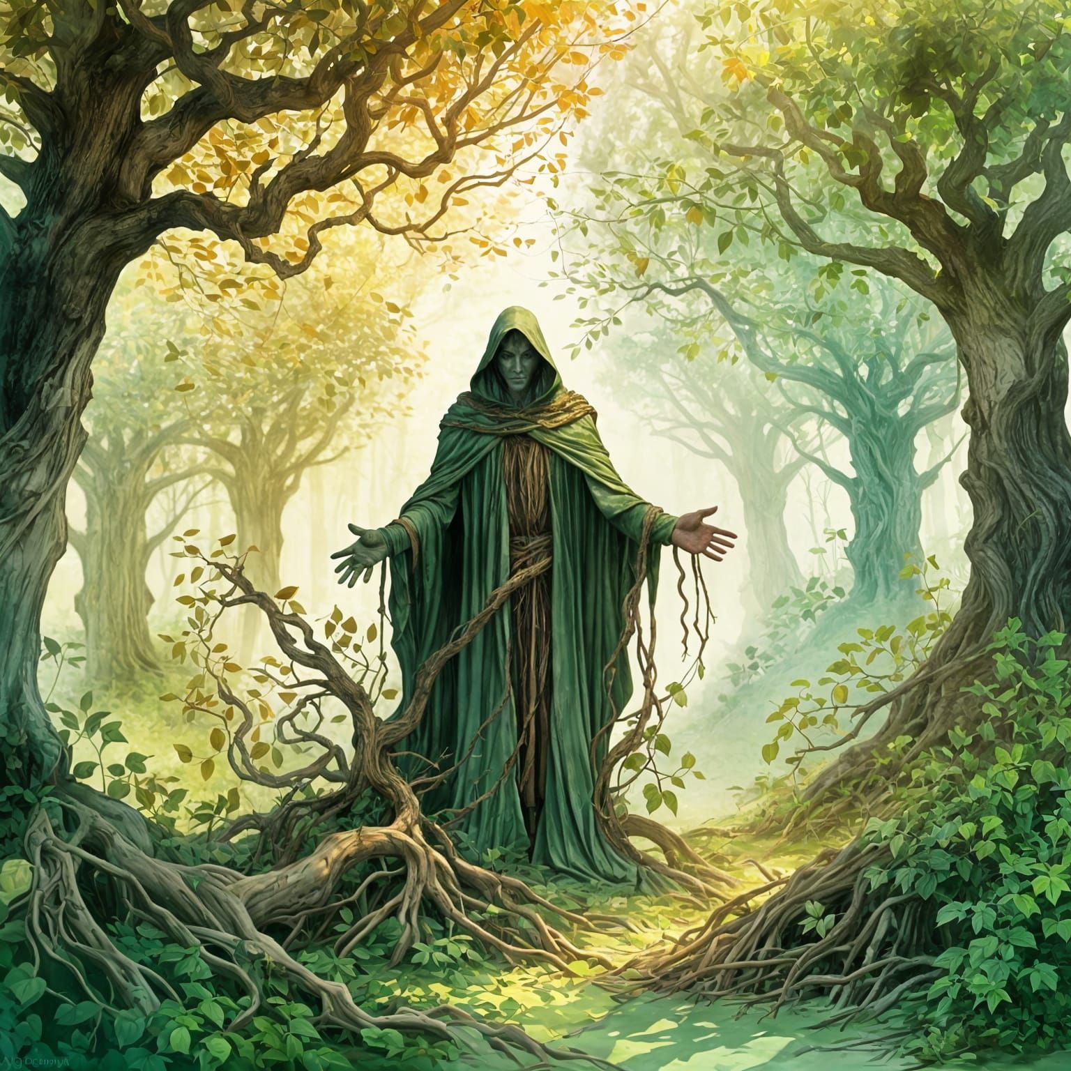 Druid Summons Vines in Forest Clearing