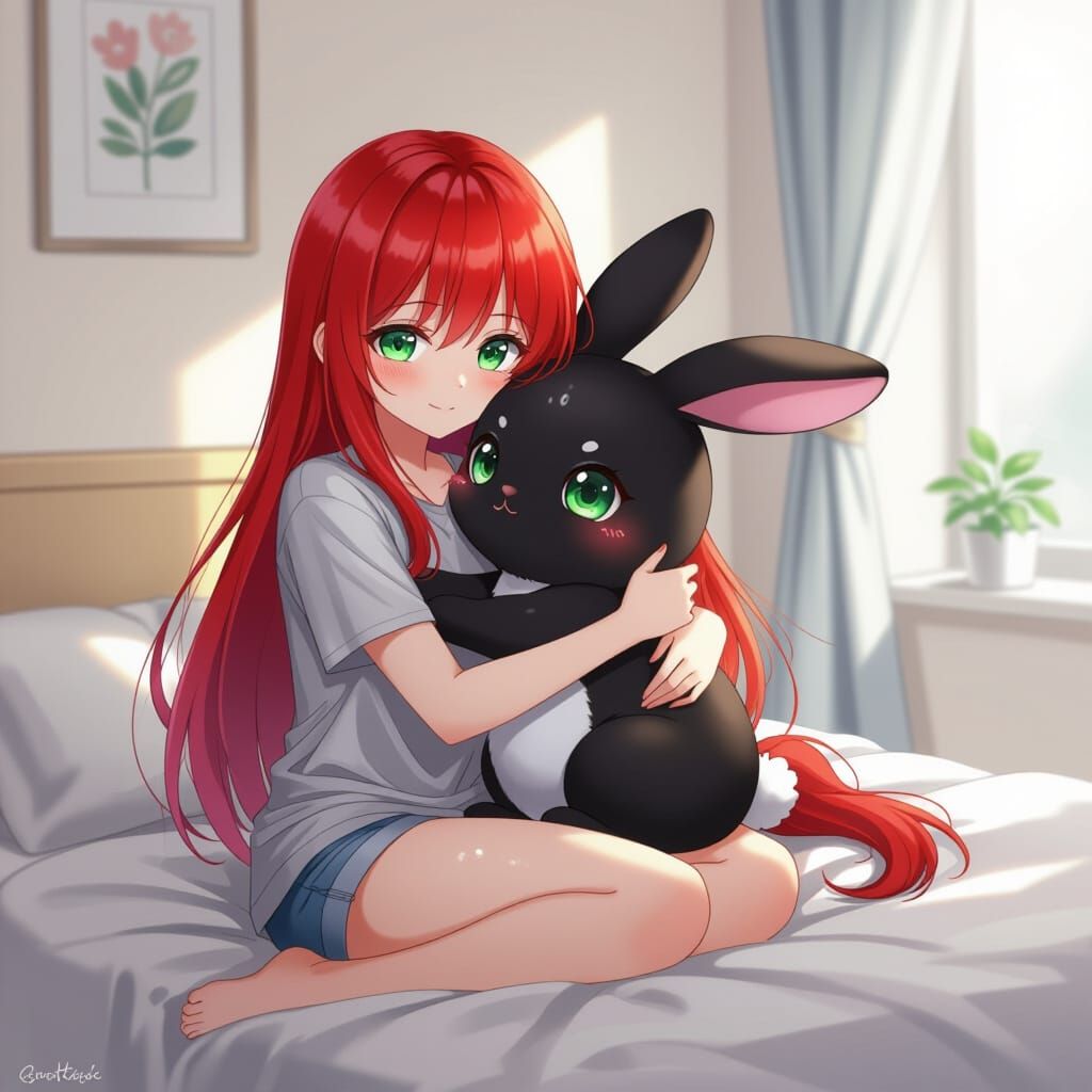 Woman Hugging Rabbit Plushie in Kawaii Anime Style
