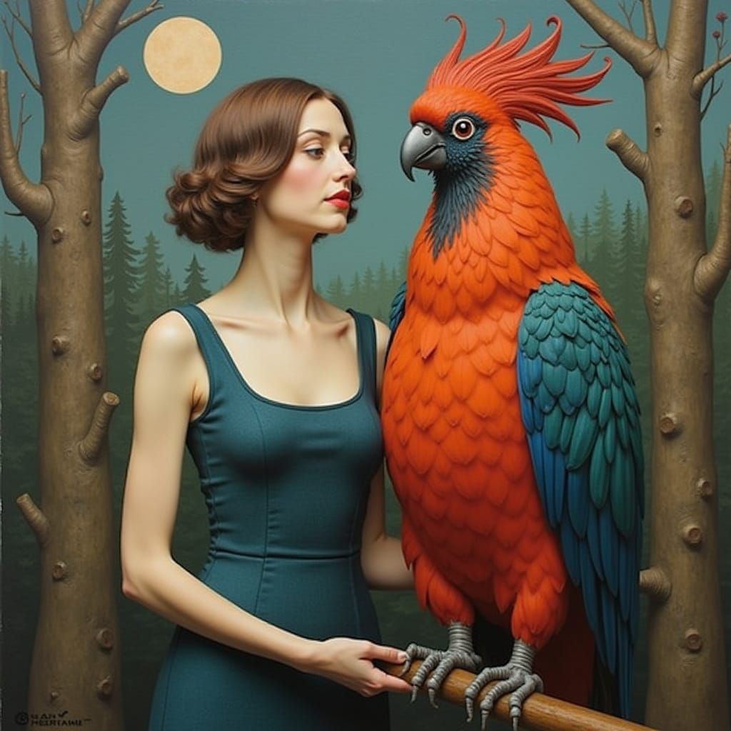 Surreal Cockatoo-Woman in Max Ernst Style