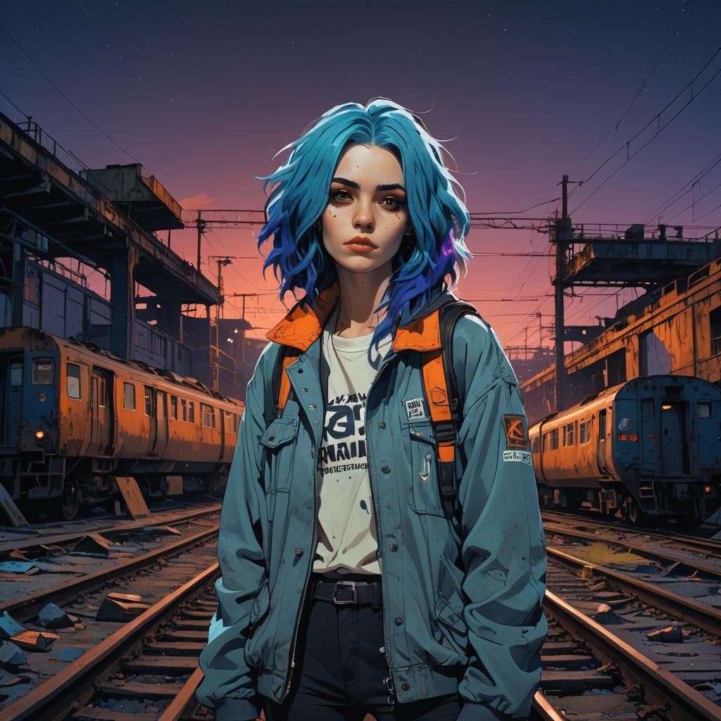 Blue-Haired Punk in Abandoned Railyard, Matte Painting