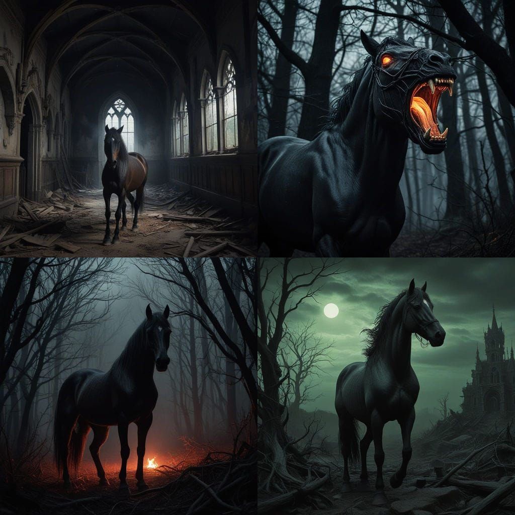 Dark Horse in a Haunting Cyberpunk Landscape