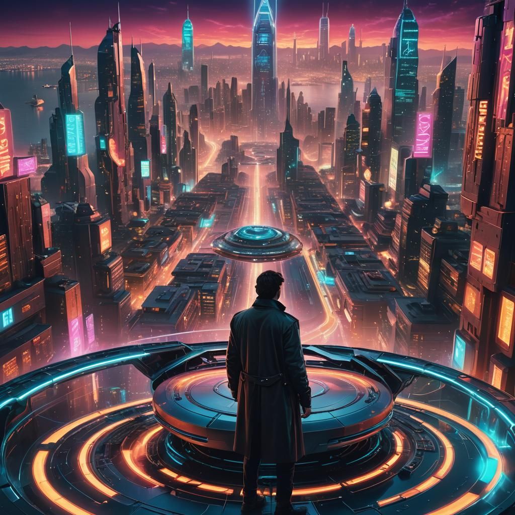 Time Traveler in Neon Cityscape: Sci-Fi Digital Art