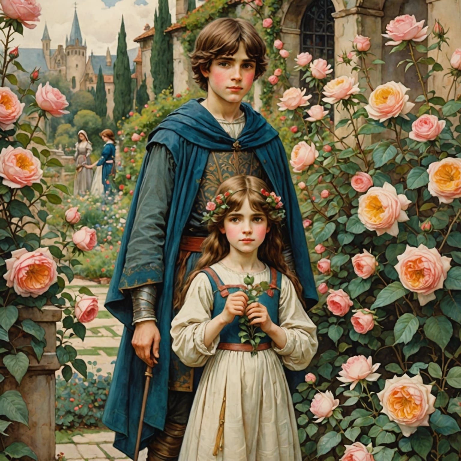 Medieval Watercolor of Children in Rose Garden