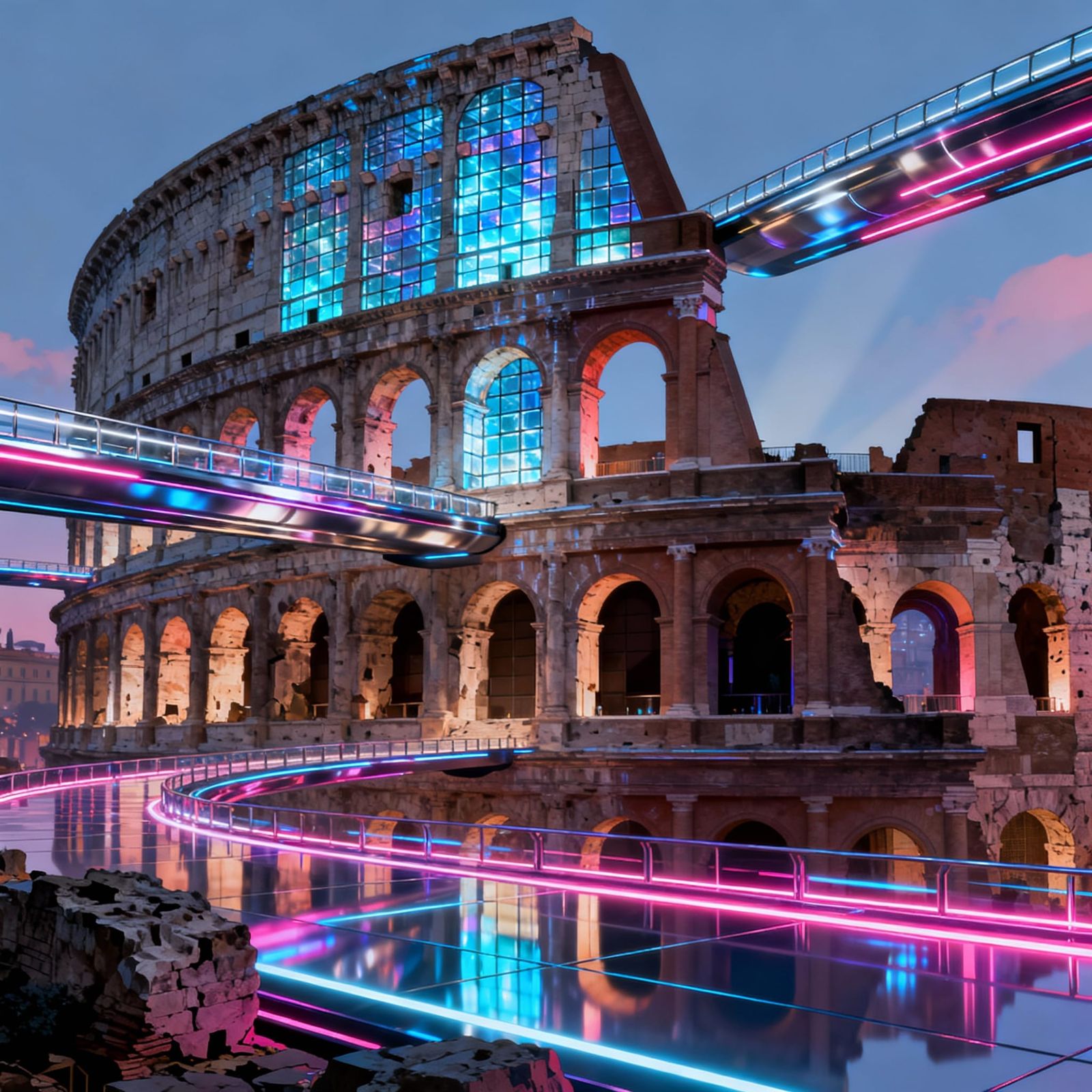 Futuristic Colosseum in Rome with Neon Glow