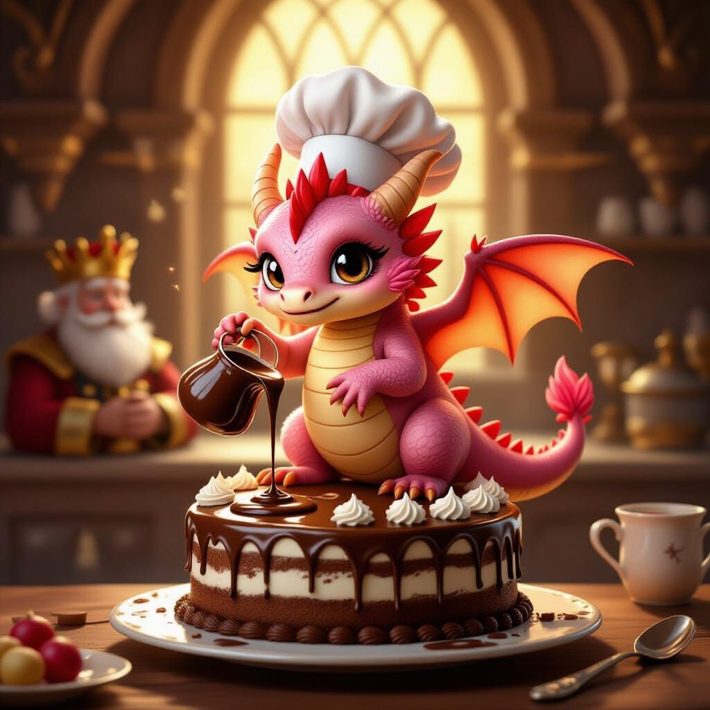 Pink Dragon Chef Decorates Chocolate Cake