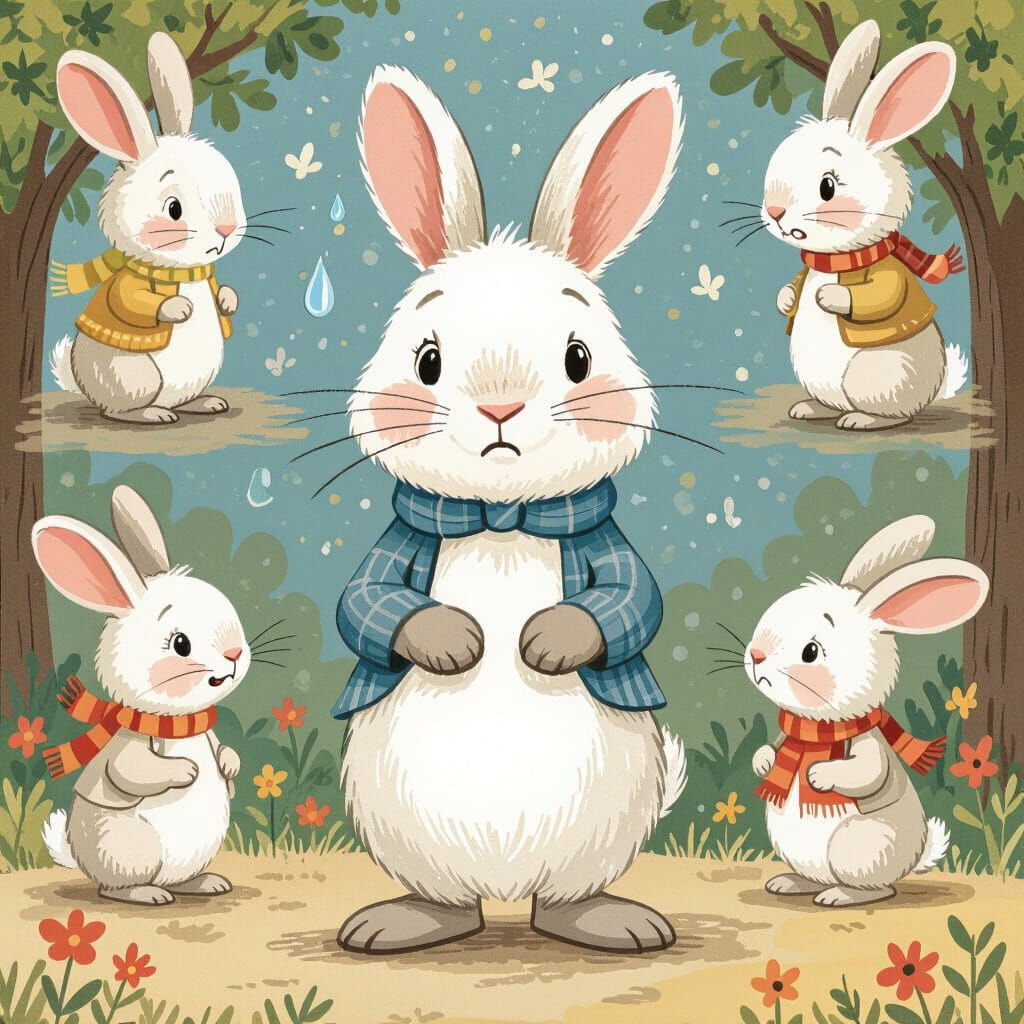 Cute White Mouse with Many Expressions, Children's Book Styl...