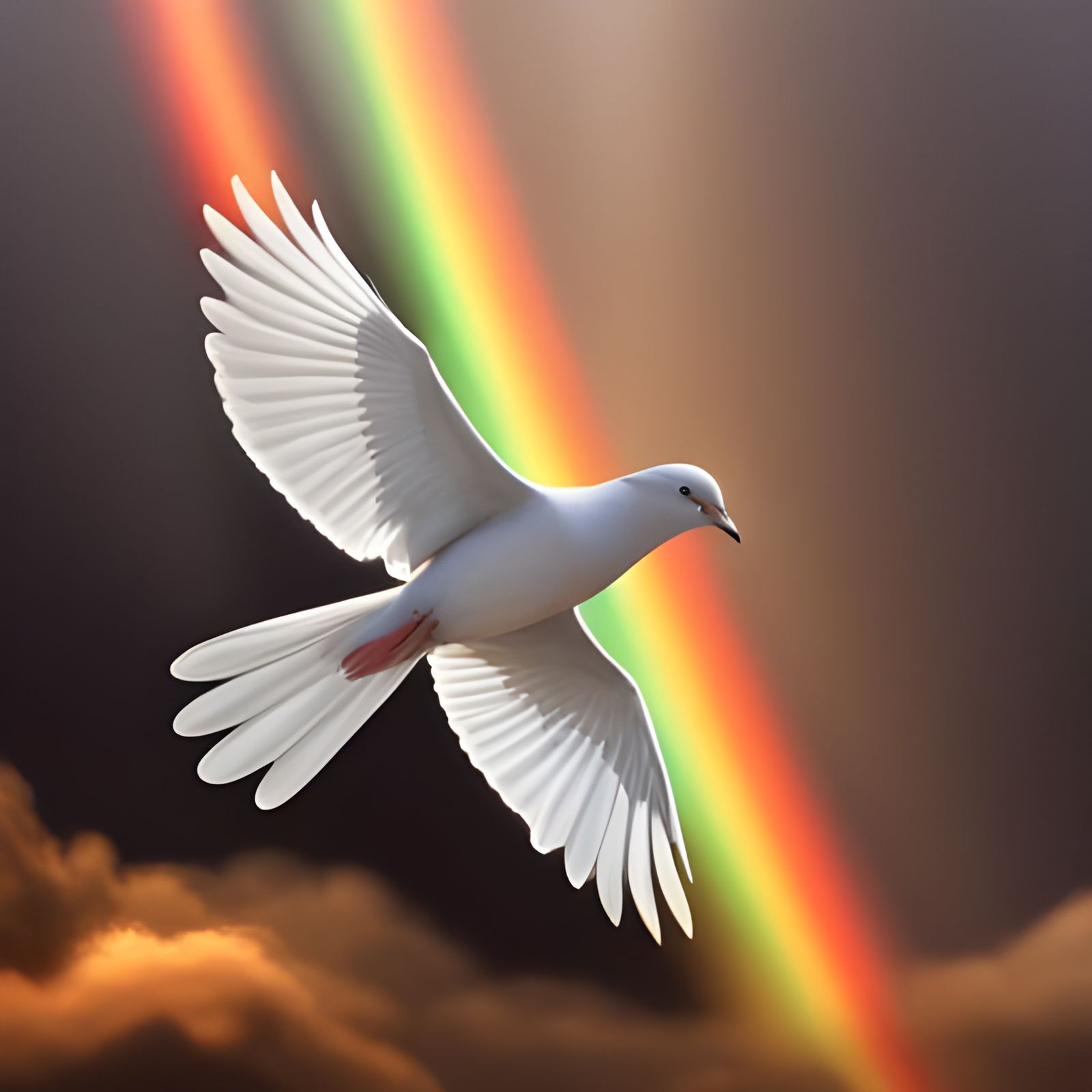 Dove Soaring Through Rainbow: Detailed Ethereal Scene