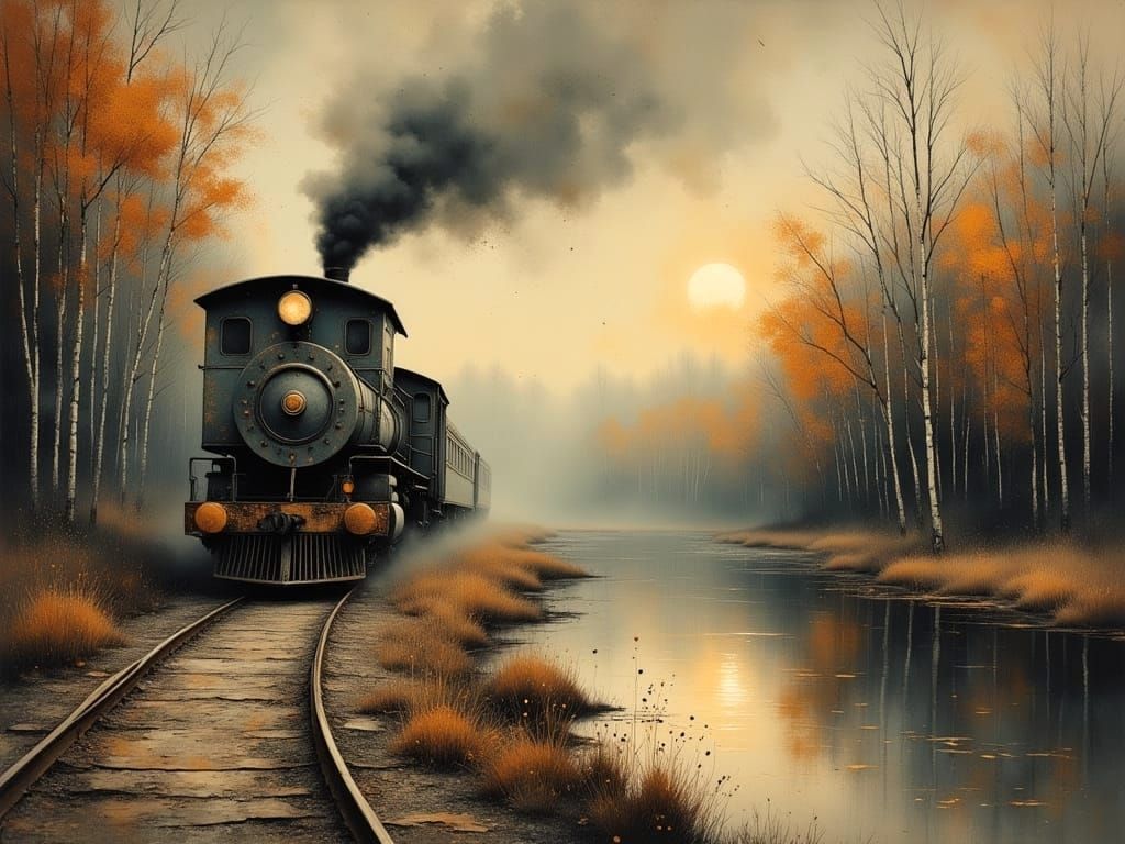 Vintage Steam Train in Misty Twilight Forest