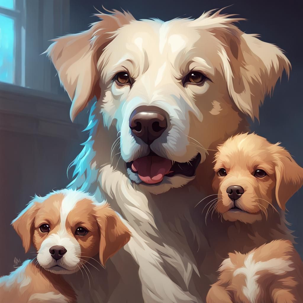 Adorable Dogs and Puppies Portrait in Digital Art
