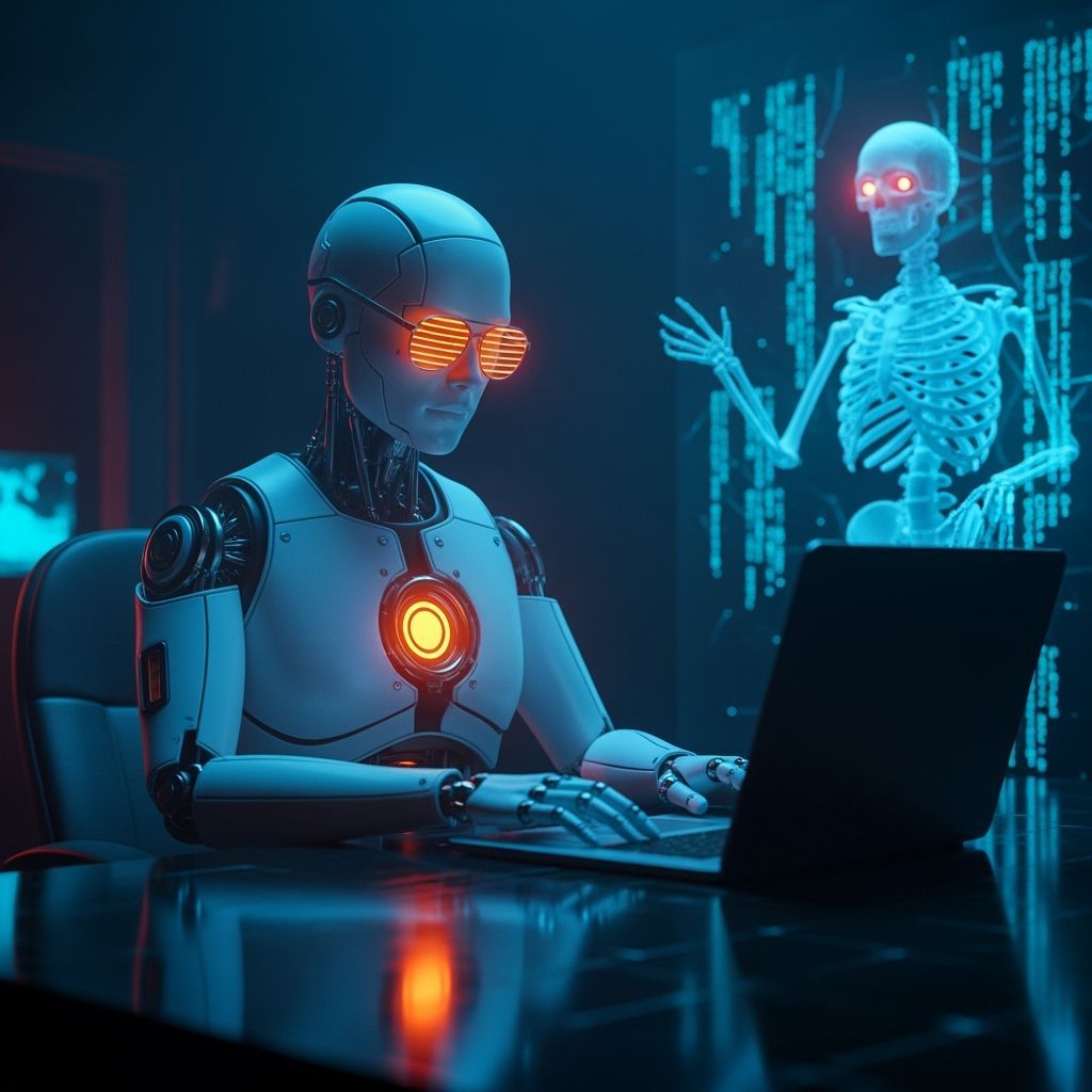 Cyberpunk Robot in Neon Lab with Ghostly Skeleton