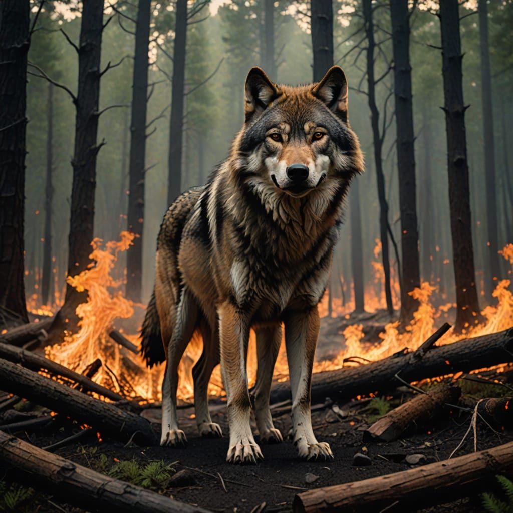 Wolf Emerging from Fiery Forest Landscape