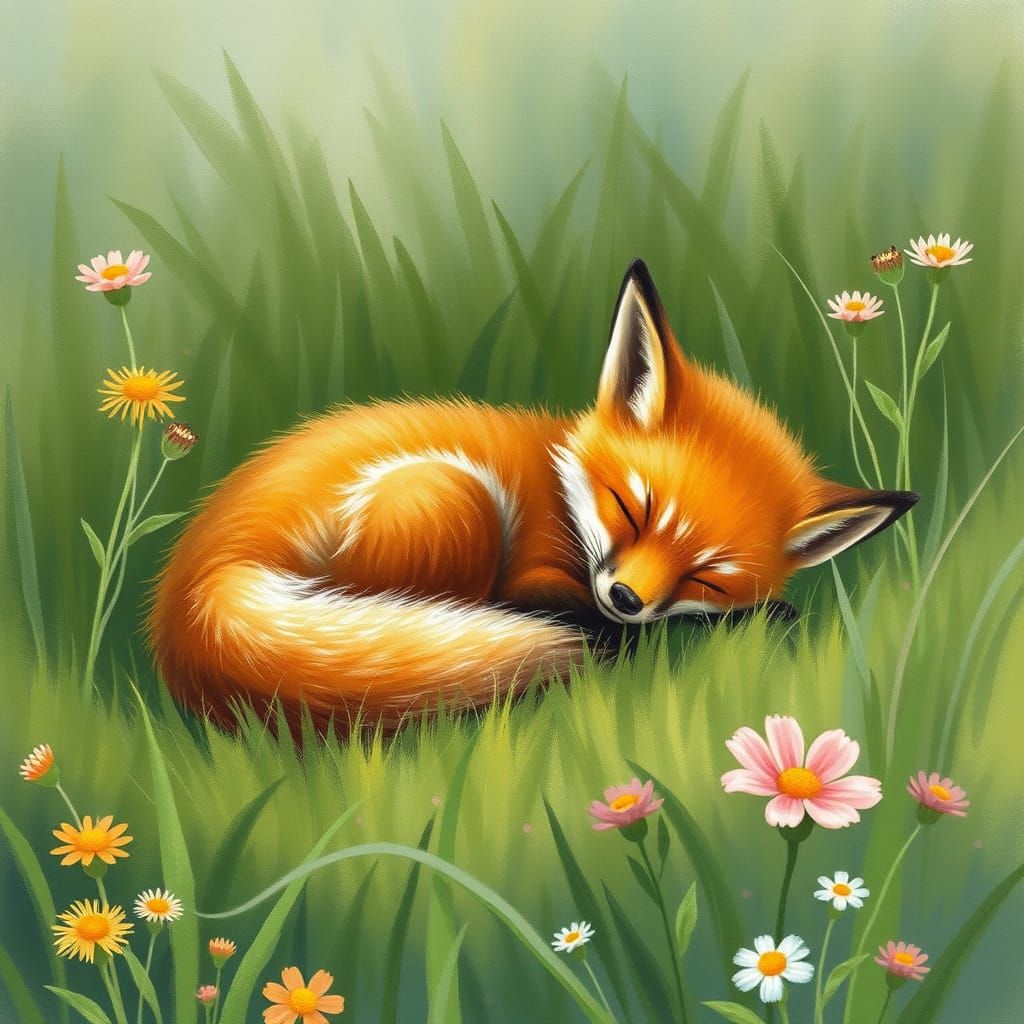 Whimsical Baby Fox in a Verdant Meadow