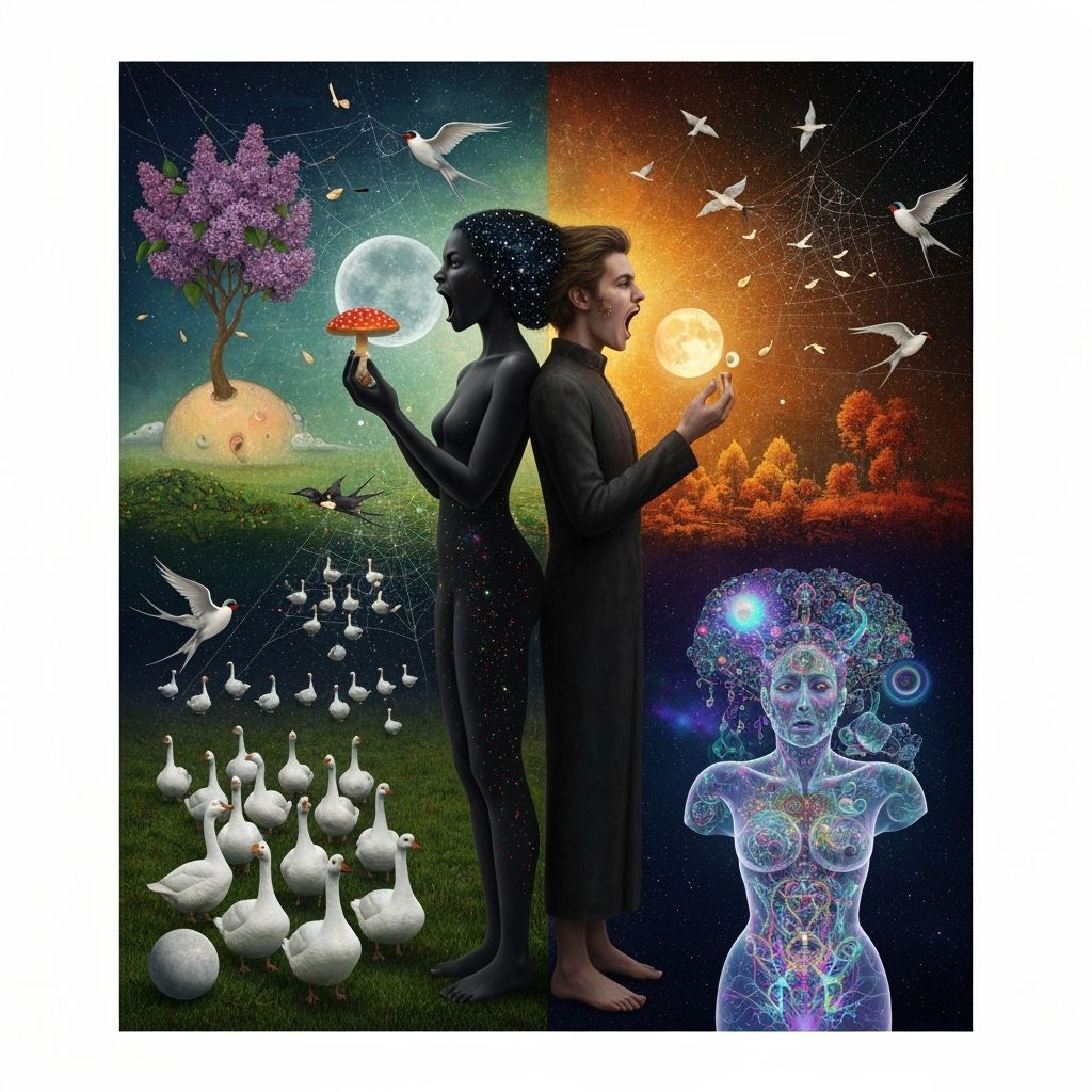 Cosmic Drama: Goddess and Alchemist in Surreal Landscape