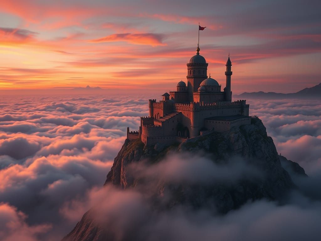Ethereal Moorish Castle Rises Above the Clouds