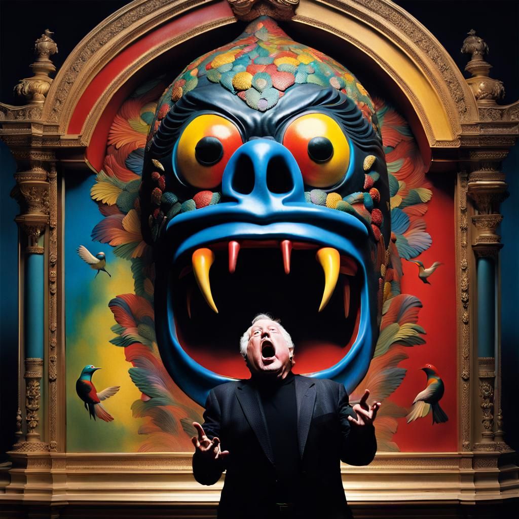 Man Confronts Bird on Mask, Botero-esque Style