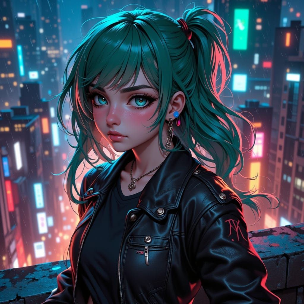 Cyberpunk Woman On Rooftop With Starry Slingshot